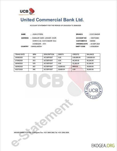 Modèle Word et PDF de relevé de compte de la Bangladesh United Commercial Bank